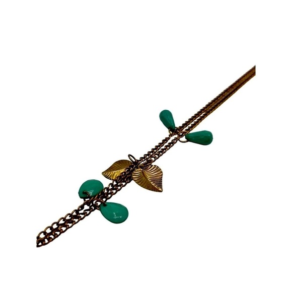 Boho Leaf & Teardrop Charm Necklace - Gold Tone and Faux Turquoise      N27 - Picture 4 of 7